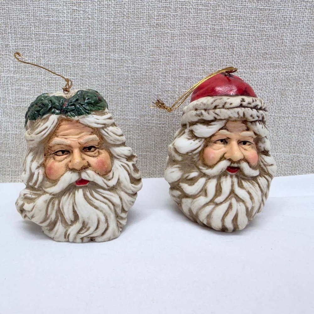 Vintage Santa Claus Head Ornaments Set of 2 Ceramic Resin Holly Wreath Red Hat